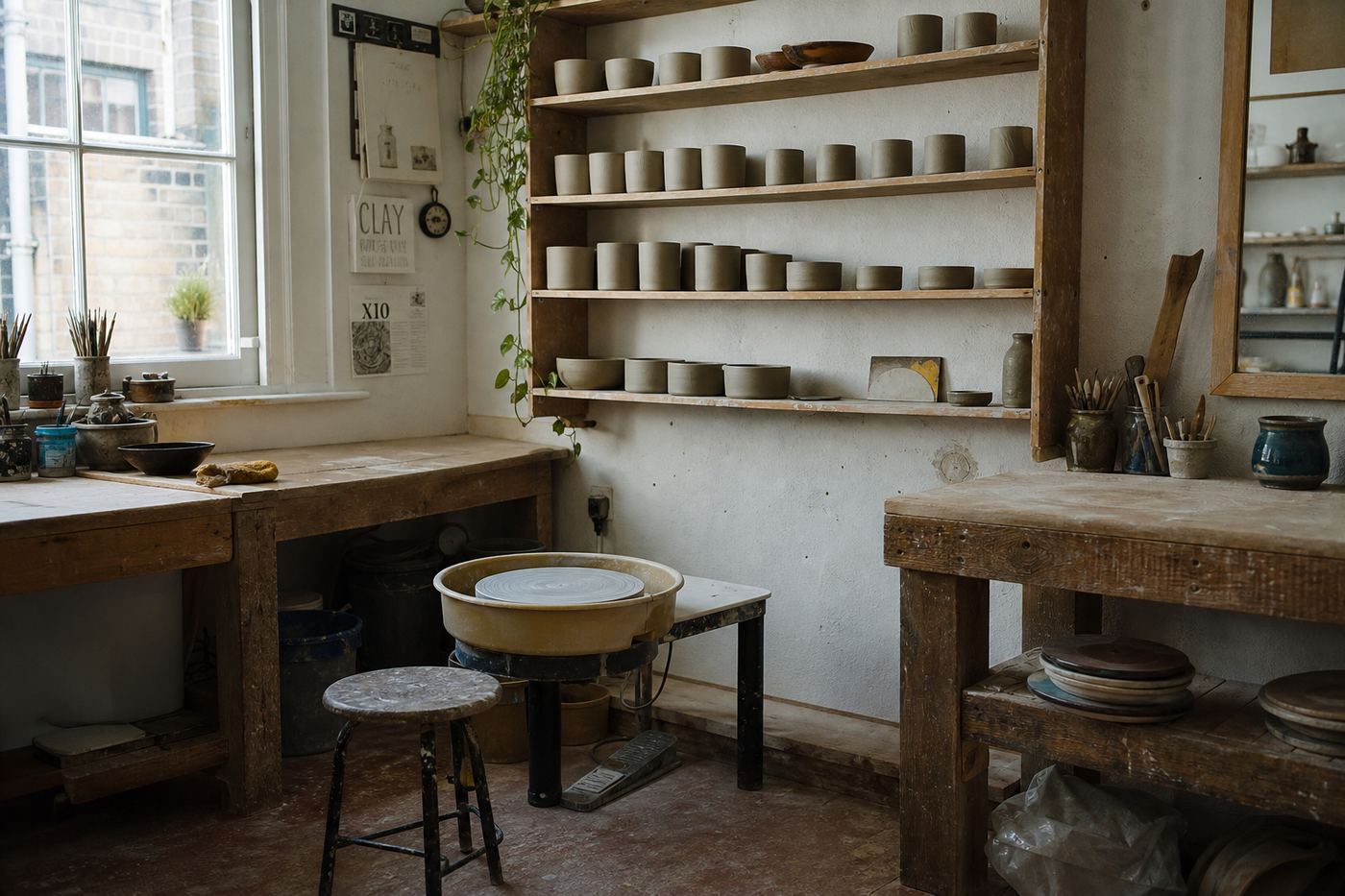 Pottery studio benches and shelves at West Hove Clay