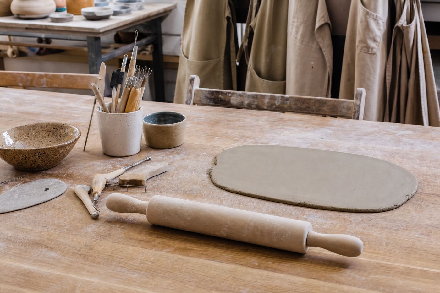 Clay tools ready for a pottery workshop