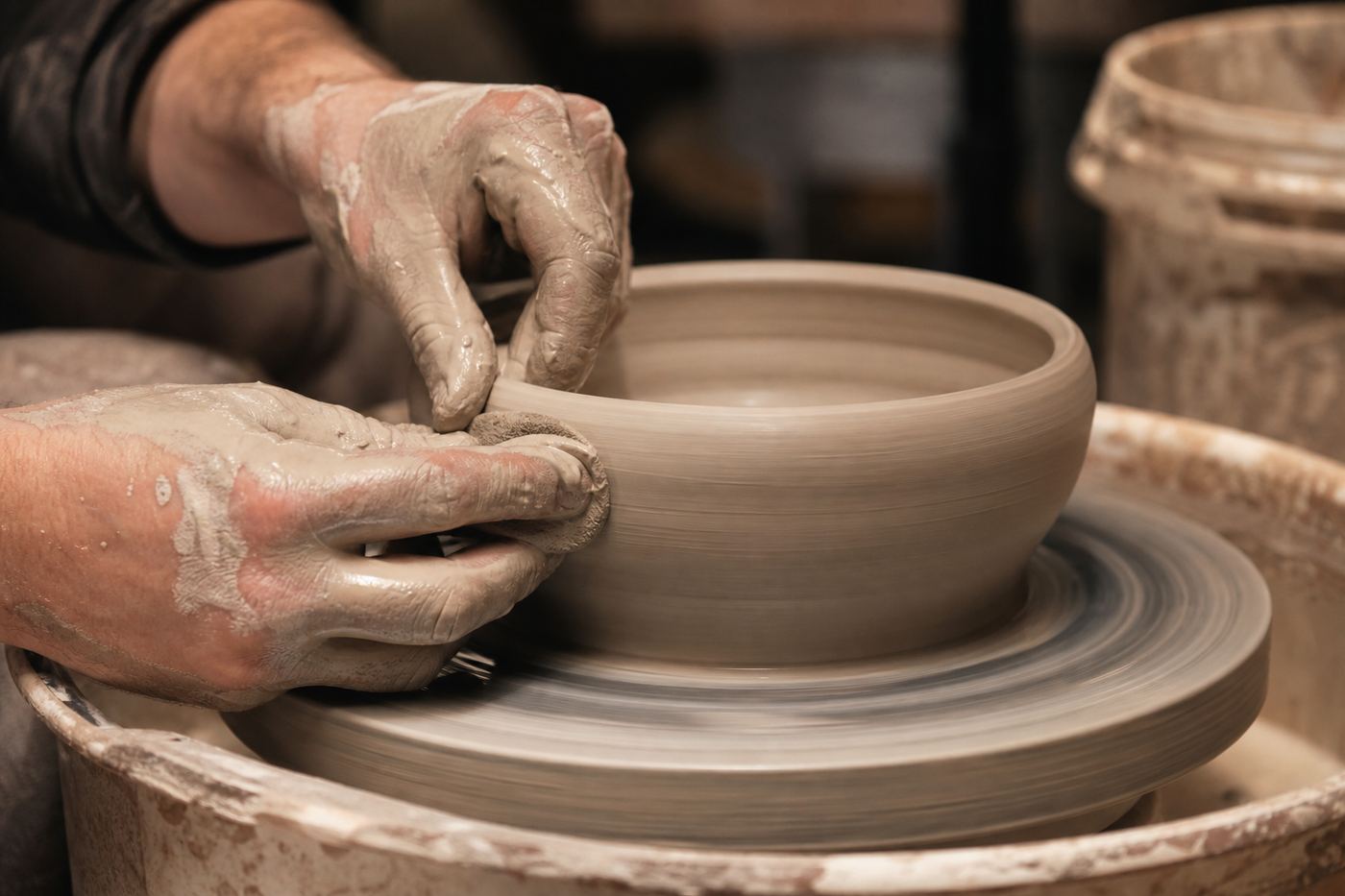 Clay being shaped on a pottery wheel